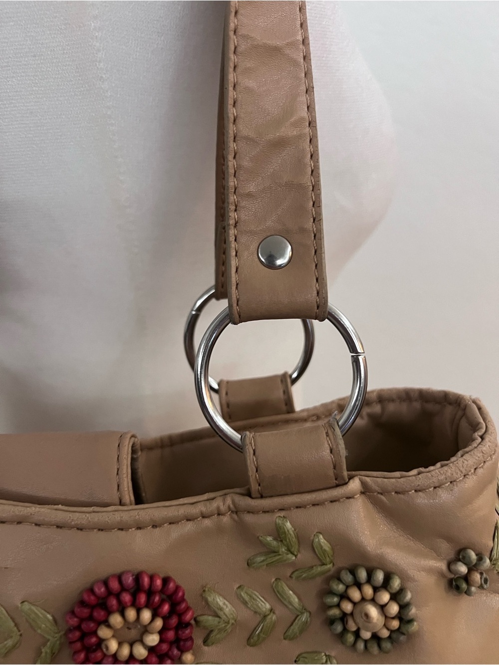 Woven Straw Shoulder Bag Floral Beaded Boho Purse Tan Faux Leather Trim - Picture 5 of 9